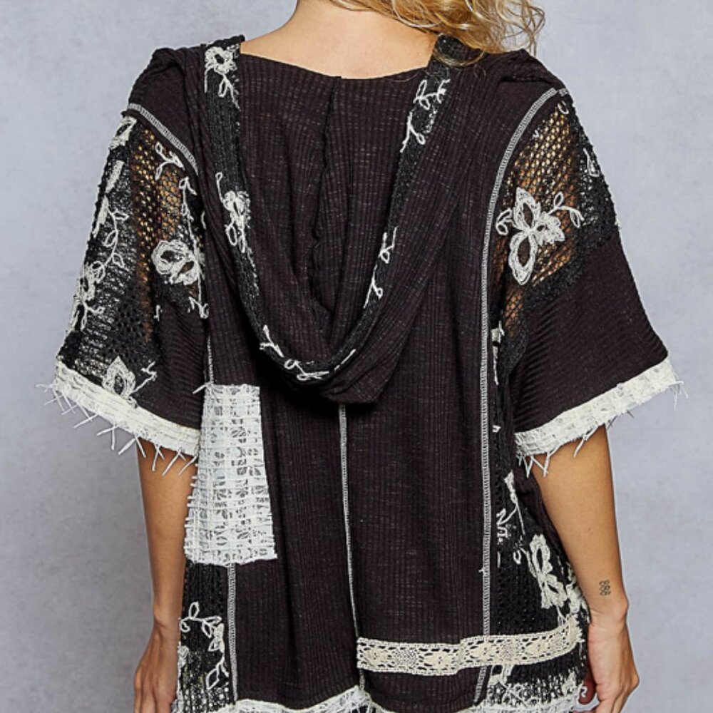 072POL Patchwork Hoodie Short Sleeve Black NEW Size Large - Picture 3 of 5